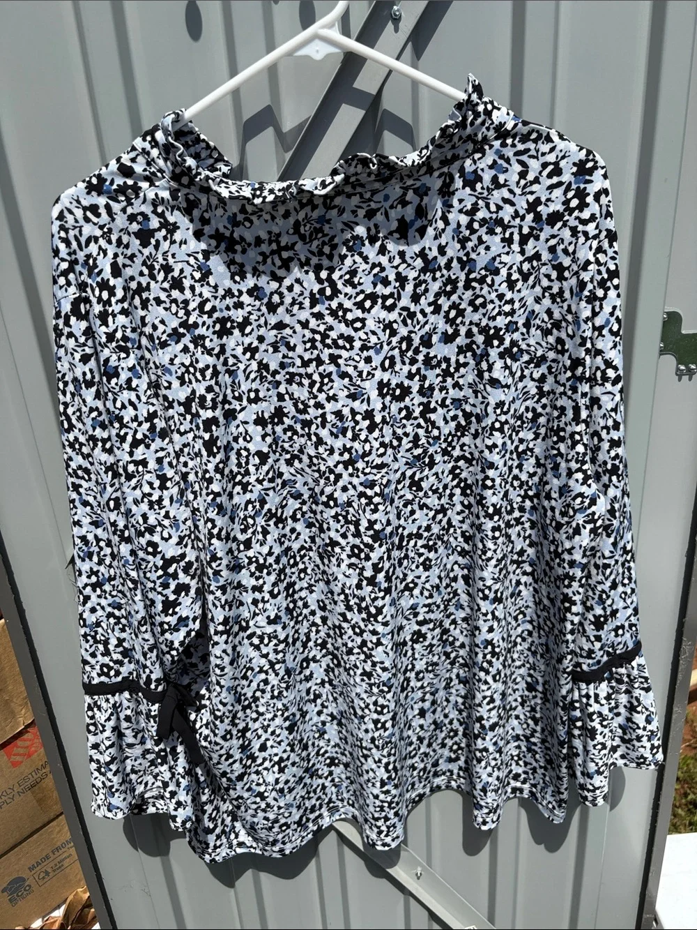Karl Lagerfeld Light Blue and Black Floral Tie-Neck Blouse - Picture 2 of 3